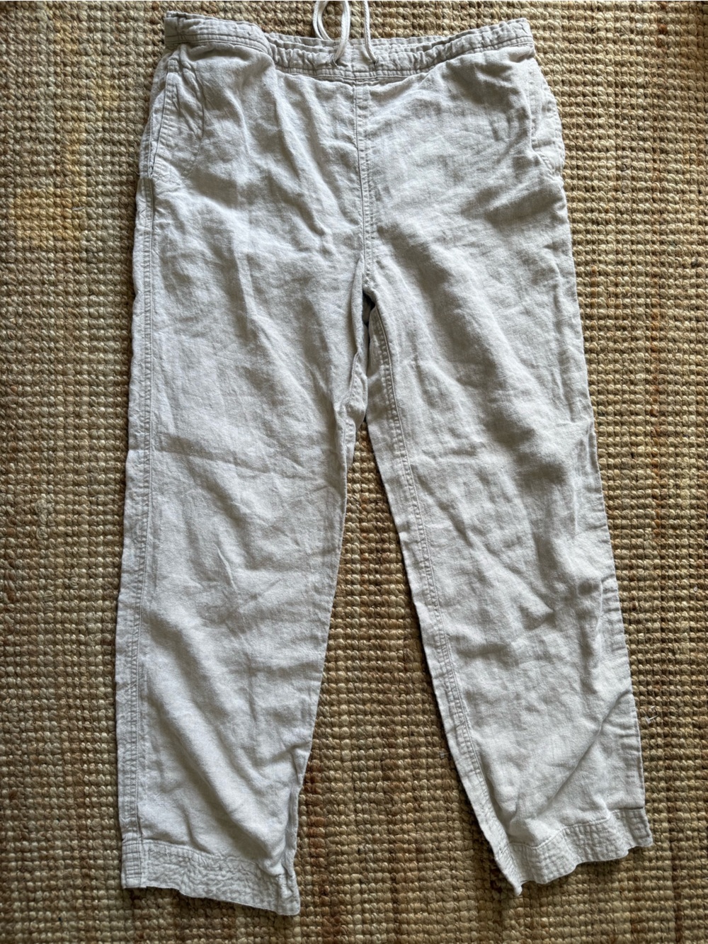 Men’s 100% Linen Relaxed Fit Cargo Pants Beige Drawstring Waist